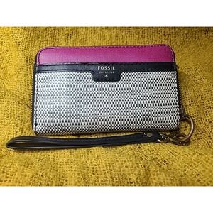 Fossil Ivy Black White‎ & Pink Zippered Wristlet Wallet Medium